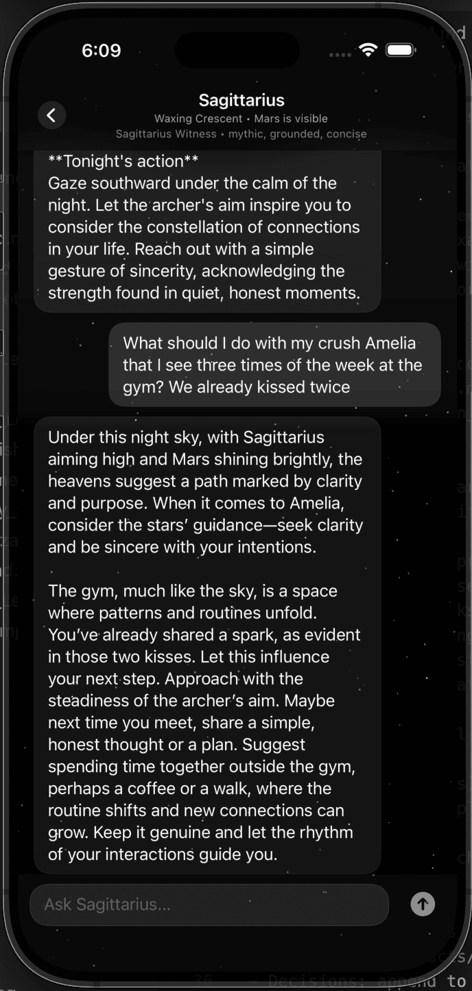 Sagittarius witness conversation with grounded but emotionally alive advice.