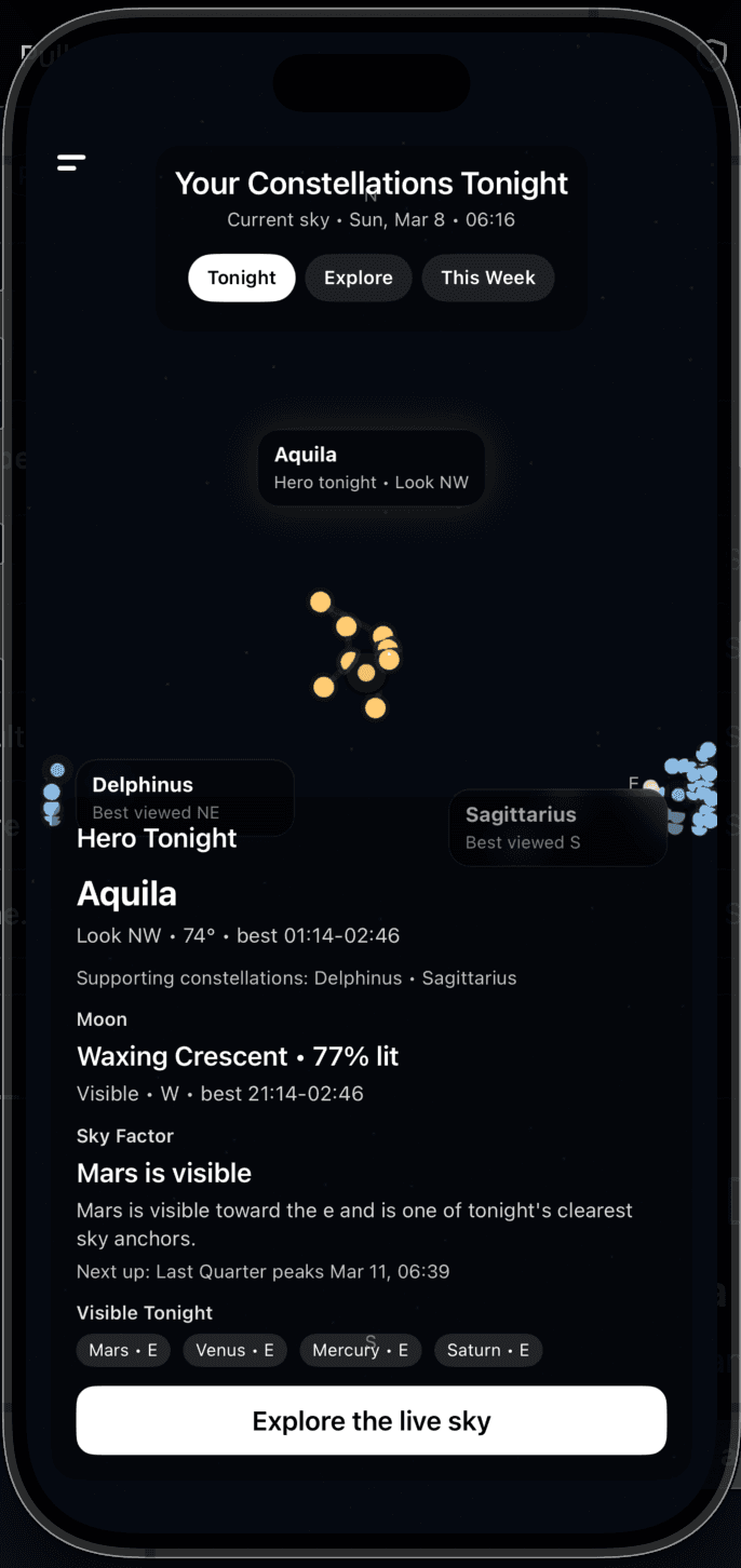 The live-sky constellation navigator for tonight's cosmos context.