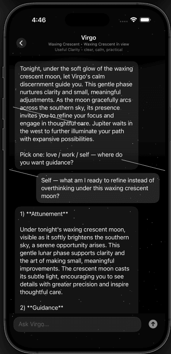 Virgo witness conversation showing the product's constellation-specific guidance.