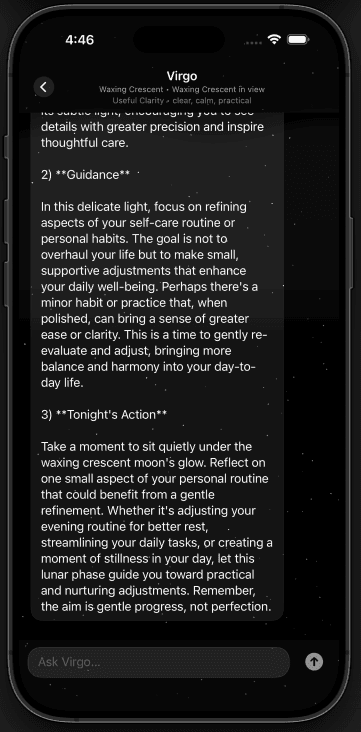 Structured Virgo guidance broken into attunement, guidance, and action.