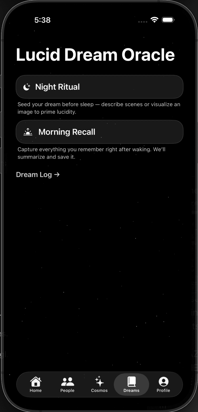 Lucid Dream Oracle home, introducing Astrea's second behavioral loop.